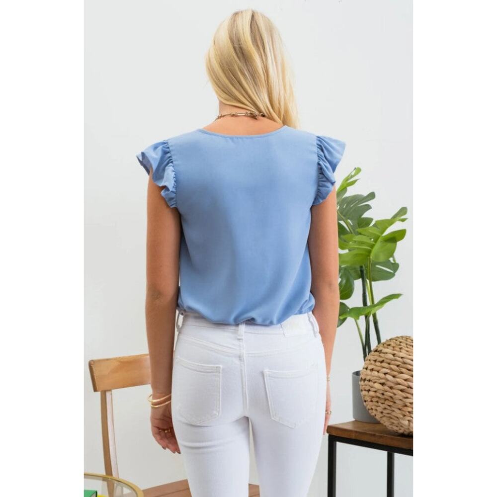 Split Neck Ruffle Sleeve Blouse - Picture 2 of 3